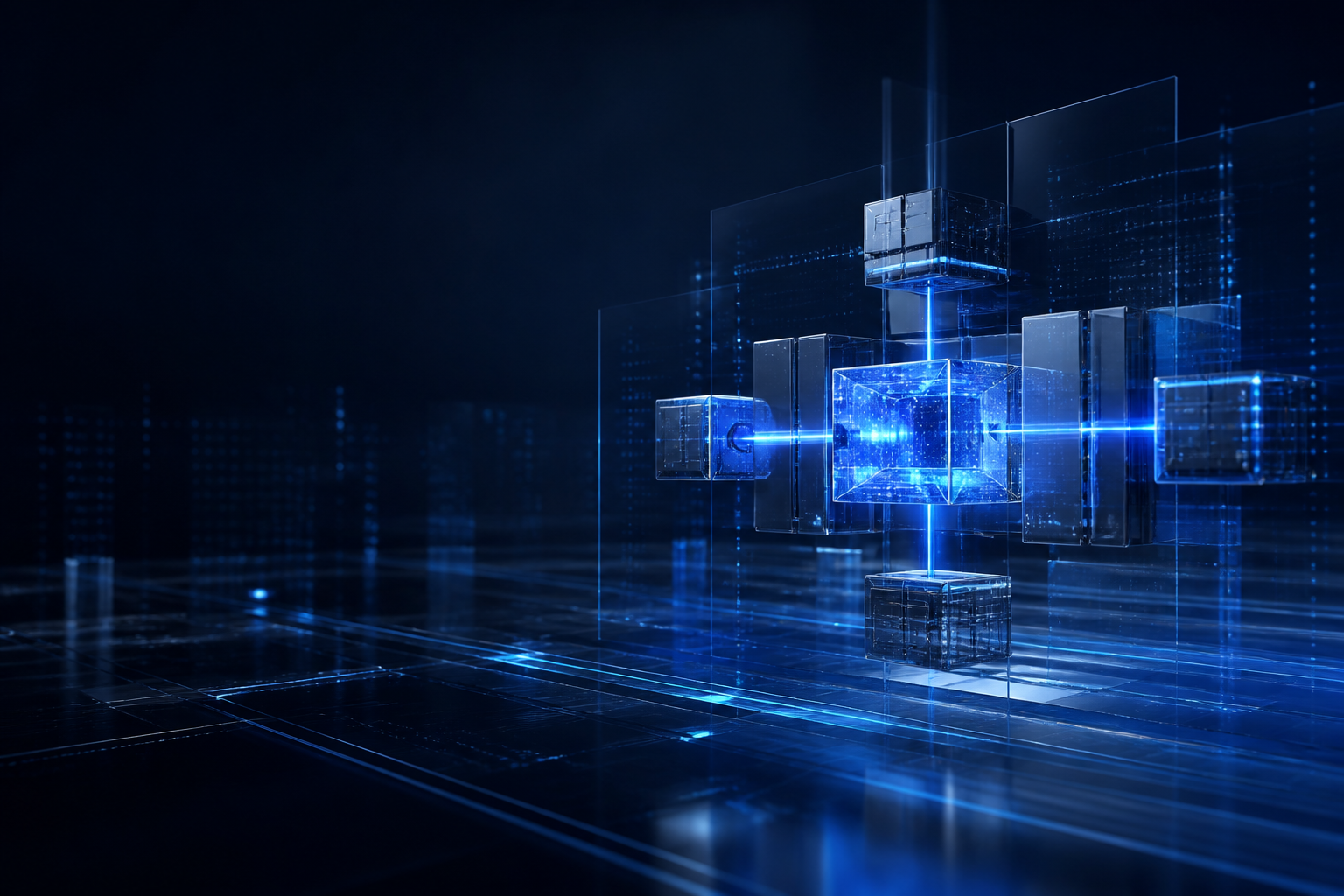 Abstract connected technology modules illuminated in Beriden blue
